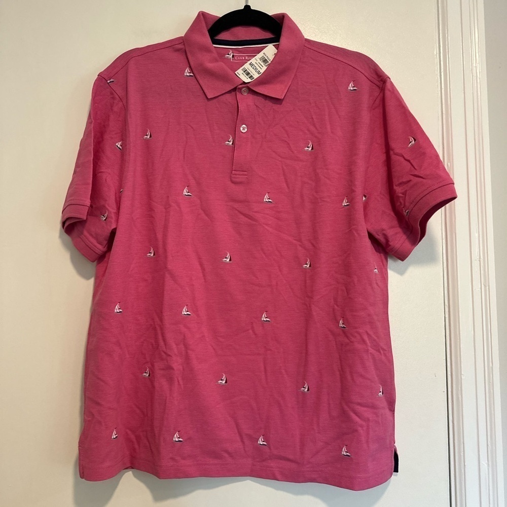 NWT Mens Sz:M Club Room Bright Pink Polo Embroidered Repeat Nautical Sailboat.